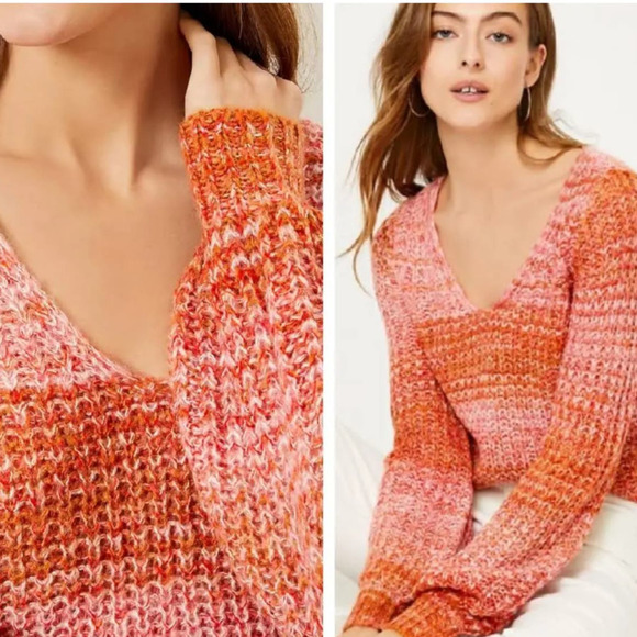 LOFT Space-Dye Ombre Multi Red/Pink/Orange Knit V-Neck Sweater X-Small - Picture 1 of 7